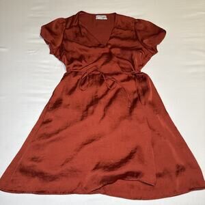 Urban Outfitters Orange Satin Wrap Dress Sz M Cotton Lining Short Sleeve EUC